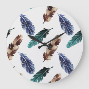 Grande Horloge Ronde Plumes colorées Texture tribale
