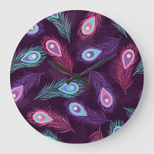 Grande Horloge Ronde Plumes de paon : Main Tirée Vintage.