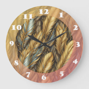 Grande Horloge Ronde Plumes d'or Argent Art
