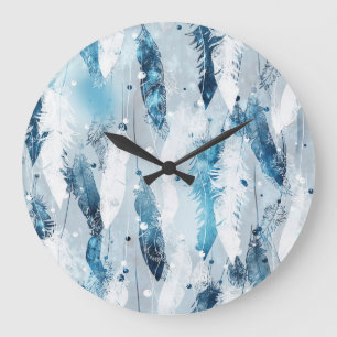 Grande Horloge Ronde Plumes tombantes : Aquarelle bleue sans joint