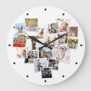 Grande Horloge Ronde Plusieurs Photos Collage Famille Forme de coeur