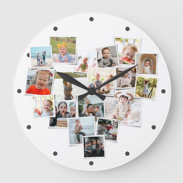 Grande Horloge Ronde Plusieurs Photos Collage Famille Forme de coeur (Recto)