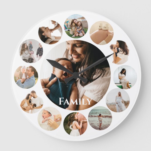 Grande Horloge Ronde Plusieurs Photos Collage Simple Famille Cadre Rond (Recto)