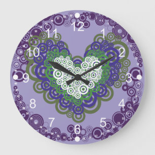Grande Horloge Ronde Plutôt violet vert Coeurs et cercles Motif