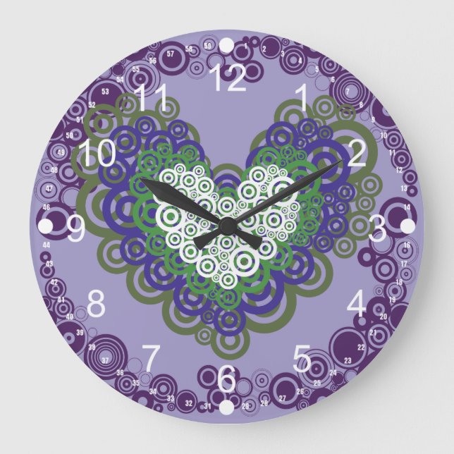Grande Horloge Ronde Plutôt violet vert Coeurs et cercles Motif (Recto)