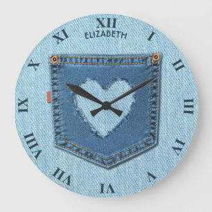 Grande Horloge Ronde Poche bleue de jeans de denim dans la conception