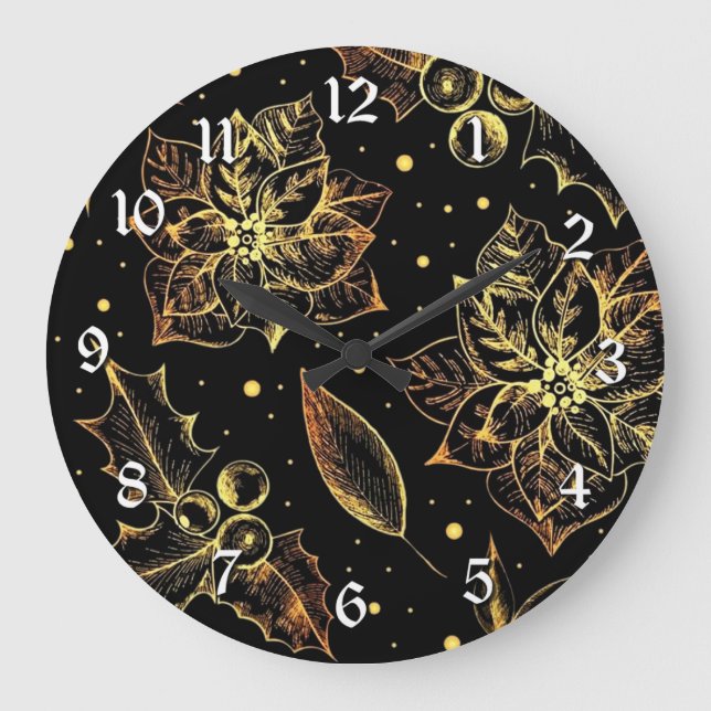 Grande Horloge Ronde Poinsettias Noir & Or & Holly (Recto)