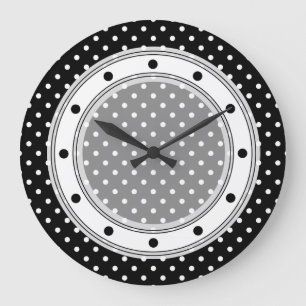 Grande Horloge Ronde Point de polka noir et blanc d'horloge murale
