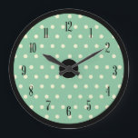 Grande Horloge Ronde Point Polka rétro avec accents noirs<br><div class="desc">Des pois sur le vert menthe soulignent cette horloge murale rétro.</div>