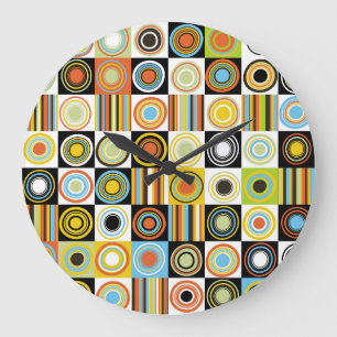 Grande Horloge Ronde Points colorés, cercles, rayures arrière - plan.