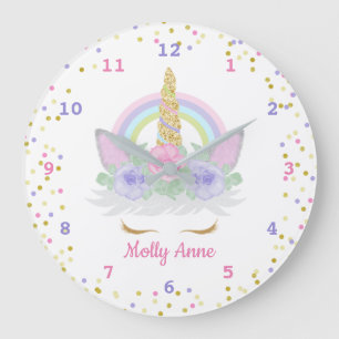 Grande Horloge Ronde Points Confetti Arc-en-ciel Unicorne rose, violet 