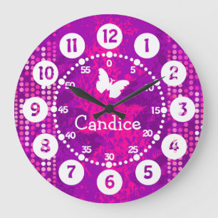 Grande Horloge Ronde Points roses violets faciles à lire