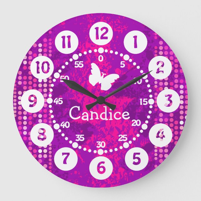 Grande Horloge Ronde Points violets rose nommés faciles à lire (Recto)