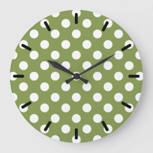Grande Horloge Ronde Pois blancs sur vert olive