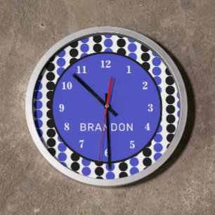 Grande Horloge Ronde Pois bleus et noirs avec nom