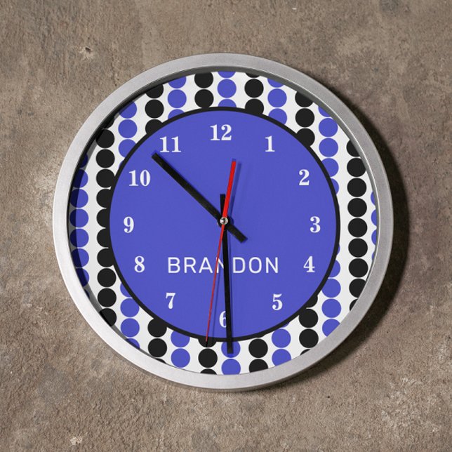 Grande Horloge Ronde Pois bleus et noirs avec nom (Créateur téléchargé)
