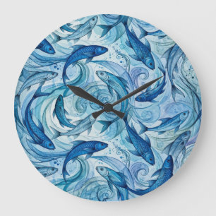 Grande Horloge Ronde Poisson Bleu Mystique Flowing Harmony
