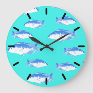 Grande Horloge Ronde Poisson bleu turquoise