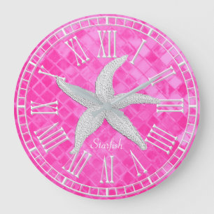 Grande Horloge Ronde Poisson d'étoile blanche verre de mer rose Personn