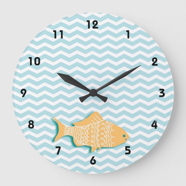 Grande Horloge Ronde Poisson d'or sur chevron bleu aqua (Recto)