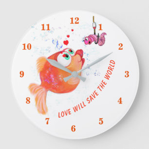 Grande Horloge Ronde Poisson drôle et ver - L'amour sauvera le monde