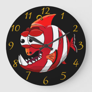 Grande Horloge Ronde poisson piranha de dessin animé blanc et rouge
