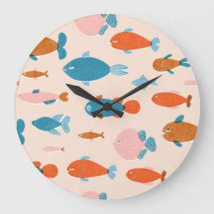 Grande Horloge Ronde Poisson rétro : Motif de style Risographe
