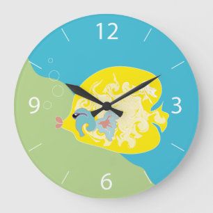 Grande Horloge Ronde Poisson Tropical Fantaisiste Art Océanique