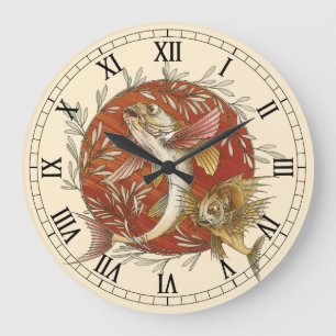 Grande Horloge Ronde Poisson Volant Japonais et Feuilles de Bambou Art 