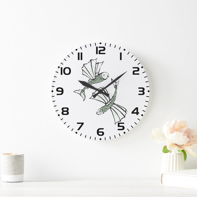 Grande Horloge Ronde Poisson volant Main Tirée Océan Créature (Créateur téléchargé)