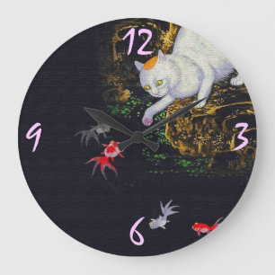 Grande Horloge Ronde Poissons contagieux de chat asiatique vintage