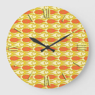 Grande Horloge Ronde Poissons modernes, jaune et orange de la moitié du