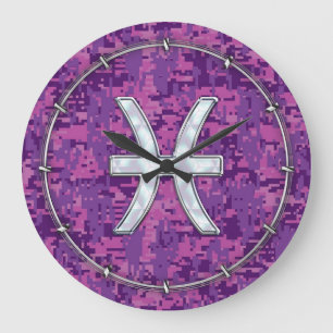 Grande Horloge Ronde Poissons Zodiac sur Camouflage numérique rose Fuch