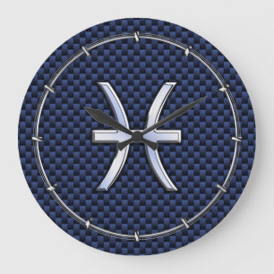 Grande Horloge Ronde Poissons Zodiaque sur Impression de Fibre de Carbo