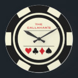 Grande Horloge Ronde Poker Chip Man Cave noir et blanc<br><div class="desc">Soyez excité à chaque fois que vous regardez votre horloge avec cette unique horloge ronde noire et crémeuse blanche poker puce acrylique horloge! Personnalisez le haut avec votre propre libellé.</div>