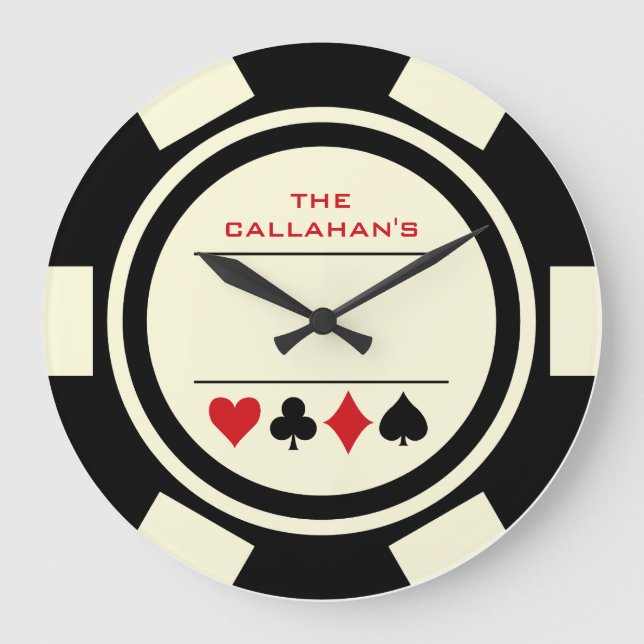 Grande Horloge Ronde Poker Chip Man Cave noir et blanc (Recto)