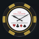 Grande Horloge Ronde Poker Chip Man Cave Noir et Or<br><div class="desc">Soyez excité à chaque fois que vous regardez votre horloge avec cette unique horloge ronde noir,  blanc et or poker style puce acrylique horloge! Personnalisez le haut avec votre propre libellé.</div>