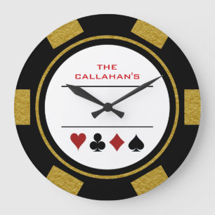Grande Horloge Ronde Poker Chip Man Cave Noir et Or
