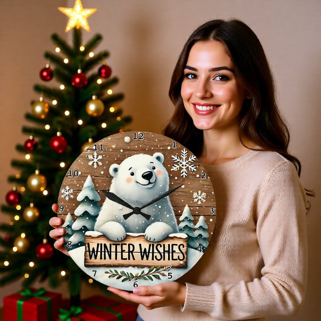 Grande Horloge Ronde Polar Bear Winter Wishes (Créateur téléchargé)