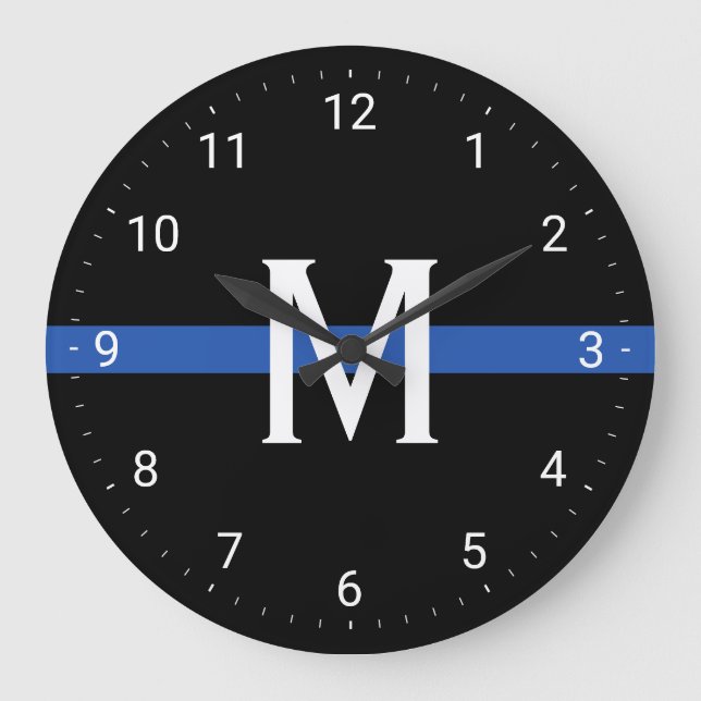 Grande Horloge Ronde Police Ligne Bleue Mince Monogramme Initiale (Recto)