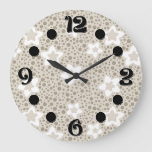 Grande Horloge Ronde Polka beige point rétro avec étoiles et fleurs