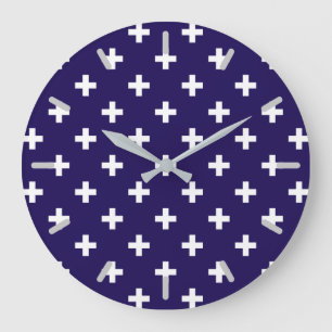 Grande Horloge Ronde Polka blanche croise sur bleu marine