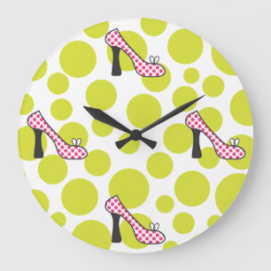Grande Horloge Ronde Polka Dot High Heel Pink & Green Shoes Clock