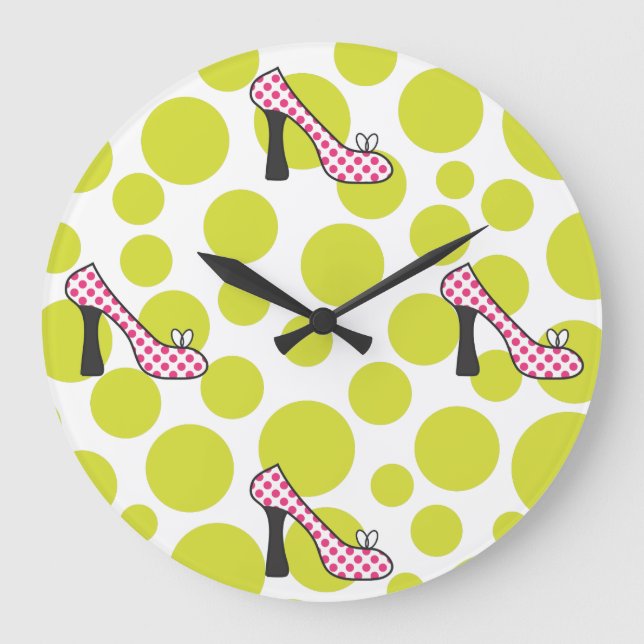 Grande Horloge Ronde Polka Dot High Heel Pink & Green Shoes Clock (Recto)
