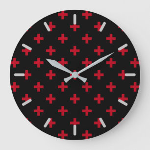 Grande Horloge Ronde Polka rouge croise sur noir
