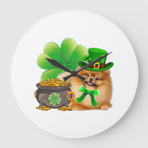 Grande Horloge Ronde Poméranian Dog Shamrock St Patrick Day Dog Irish