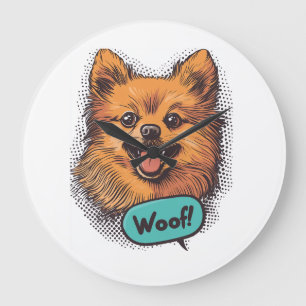 Grande Horloge Ronde Poméranian Pop Art � Chien de Bande Dessinée Rétro
