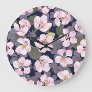 Grande Horloge Ronde Pomme en fleurs : Aquarelle bleu foncé