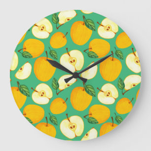 Grande Horloge Ronde Pomme jaune : Motif d'aquarelle juteux.