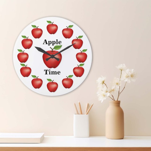 Grande Horloge Ronde Pomme, Red Delicious (Red Delicious Apples Large Clock. It’s Apple Time! An original drawing from my garden. )